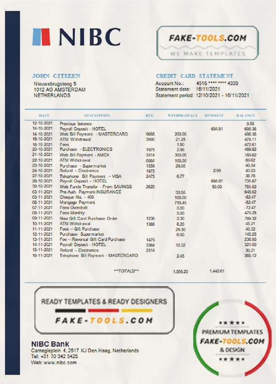 Netherlands NIBC Bank statement easy to fill template in Word and PDF format Netherlands NIBC Bank statement easy to fill template in Word and PDF format