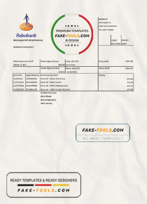 Netherlands Rabobank bank statement easy to fill template in .xls and .pdf file format Netherlands Rabobank bank statement easy to fill template in .xls and .pdf file format