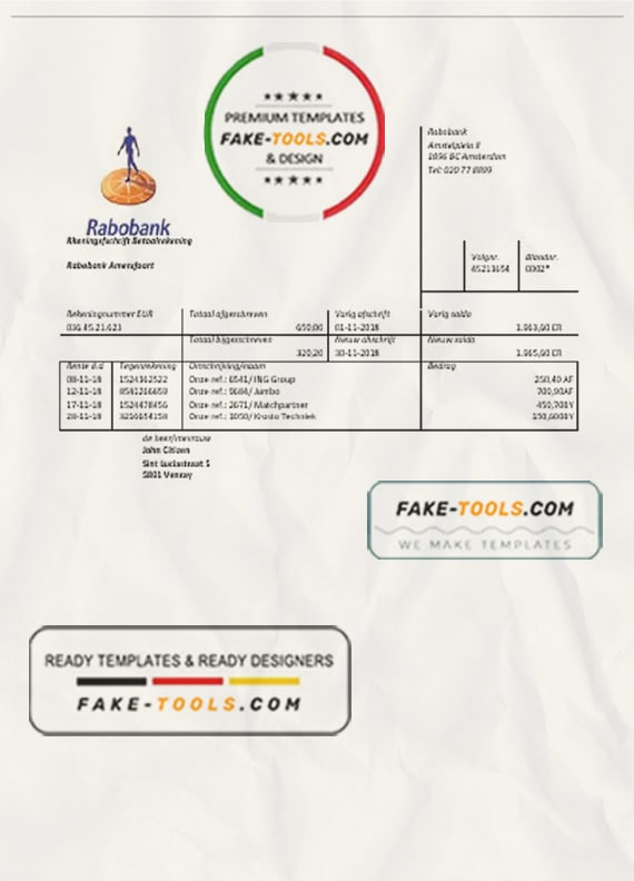 Netherlands Rabobank bank statement easy to fill template in Word and PDF format Netherlands Rabobank bank statement easy to fill template in Word and PDF format