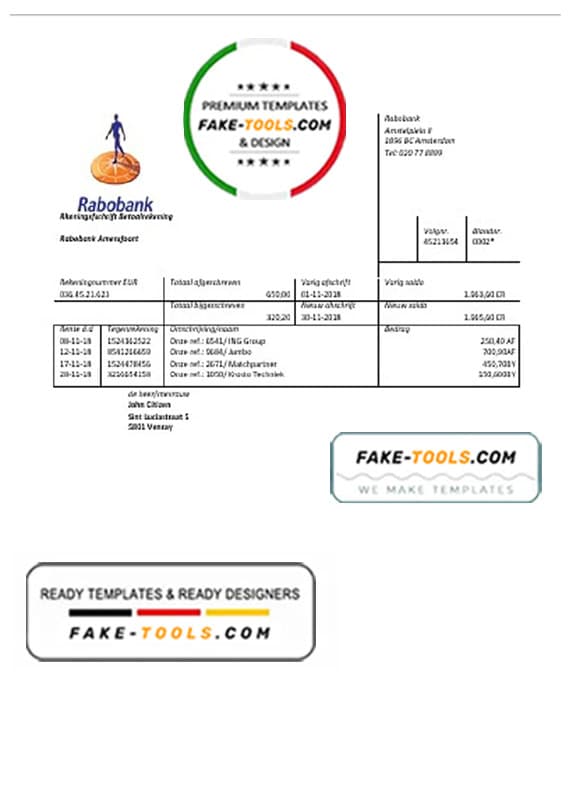 Netherlands Rabobank bank statement easy to fill template in Word and PDF format Netherlands Rabobank bank statement easy to fill template in Word and PDF format