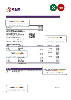 Netherlands SNS bank statement Excel and PDF template Netherlands SNS bank statement Excel and PDF template