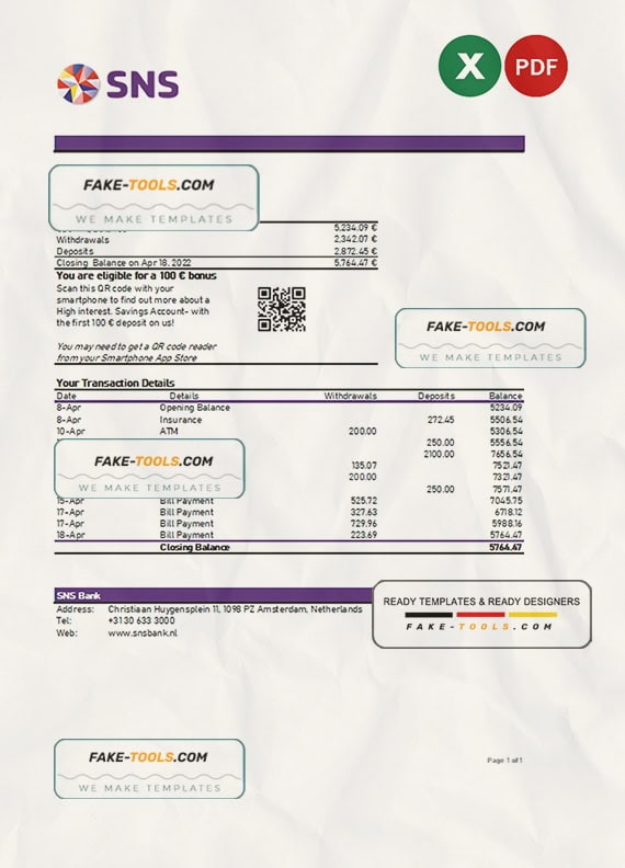 Netherlands SNS bank statement Excel and PDF template Netherlands SNS bank statement Excel and PDF template