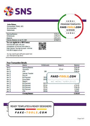 Netherlands SNS bank statement template in Word and PDF format Netherlands SNS bank statement template in Word and PDF format
