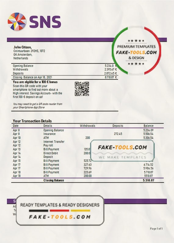 Netherlands SNS bank statement template in Word and PDF format Netherlands SNS bank statement template in Word and PDF format