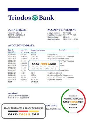 Netherlands Triodos Bank statement easy to fill template in Excel and PDF format Netherlands Triodos Bank statement easy to fill template in Excel and PDF format