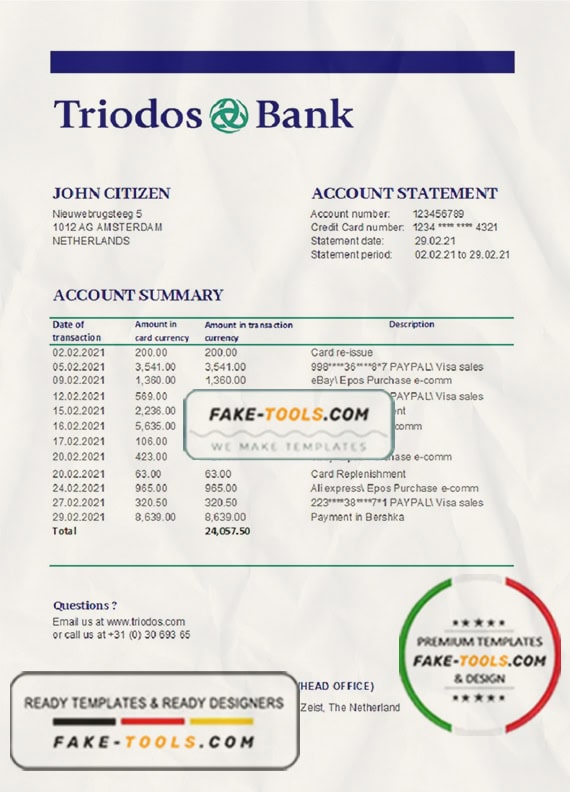 Netherlands Triodos Bank statement easy to fill template in Excel and PDF format Netherlands Triodos Bank statement easy to fill template in Excel and PDF format