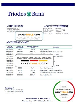 Netherlands Triodos Bank statement easy to fill template in Word and PDF format Netherlands Triodos Bank statement easy to fill template in Word and PDF format