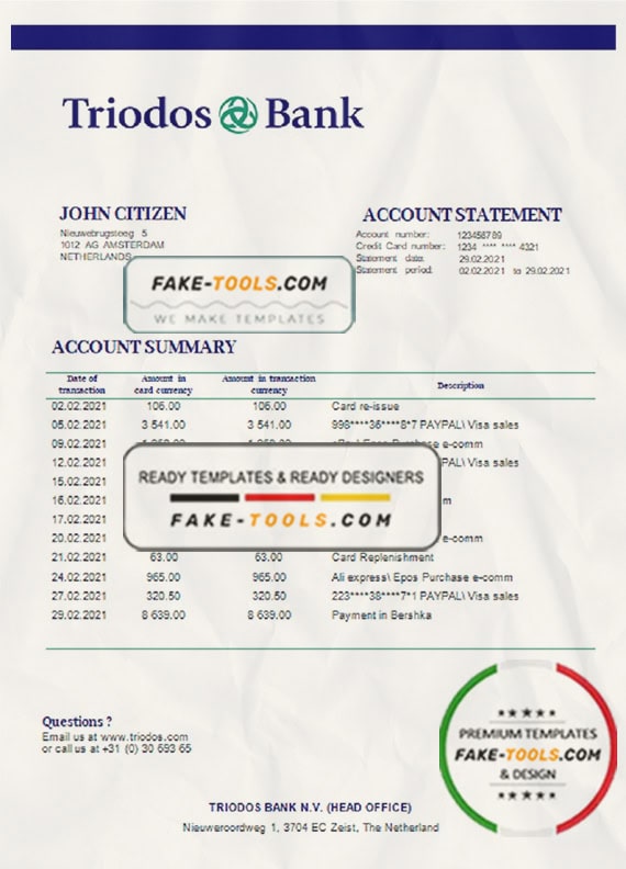 Netherlands Triodos Bank statement easy to fill template in Word and PDF format Netherlands Triodos Bank statement easy to fill template in Word and PDF format