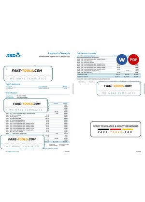 New Zealand ANZ bank account statement, Word and PDF template, 2 pages