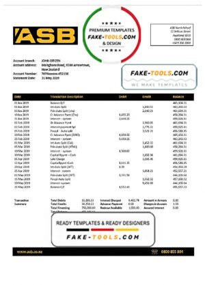 New Zealand ASB proof of addres bank statement template in Word and PDF format