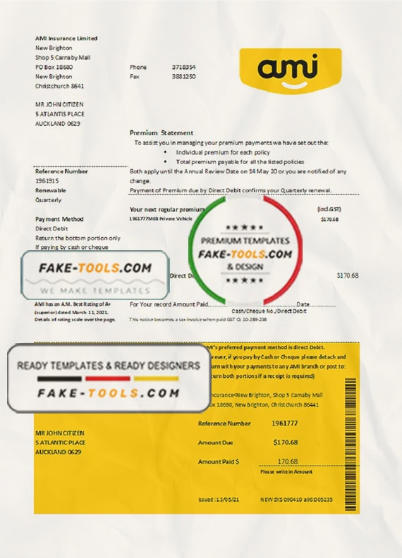 New Zealand Ami Insurance Limited bank statement template in Excel and PDF format New Zealand Ami Insurance Limited bank statement template in Excel and PDF format