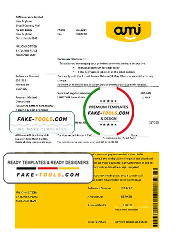 New Zealand Ami Insurance Limited bank statement template in Excel and PDF format New Zealand Ami Insurance Limited bank statement template in Excel and PDF format
