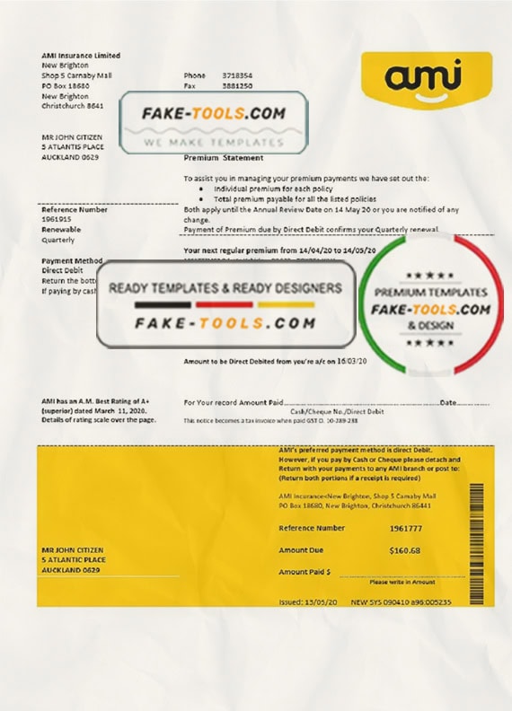New Zealand Ami Insurance Limited bank statement template in Word and PDF format New Zealand Ami Insurance Limited bank statement template in Word and PDF format