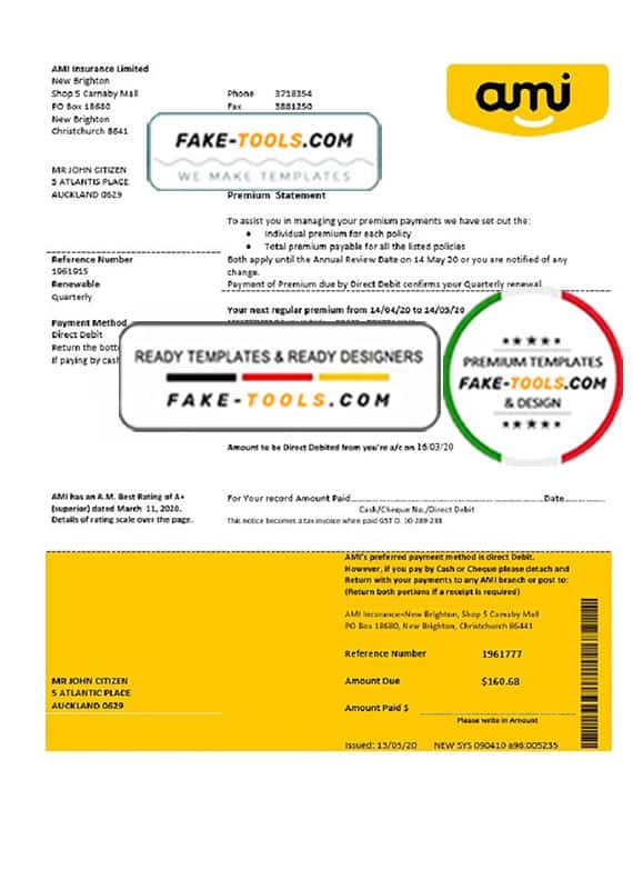 New Zealand Ami Insurance Limited bank statement template in Word and PDF format New Zealand Ami Insurance Limited bank statement template in Word and PDF format