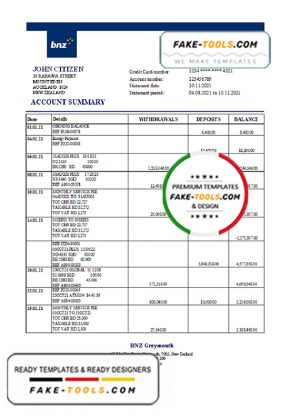 New Zealand BNZ Greymouth Bank statement easy to fill template in .xls and .pdf format