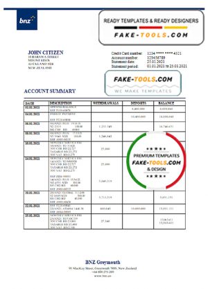 New Zealand BNZ Greymouth bank statement template in Word and PDF format