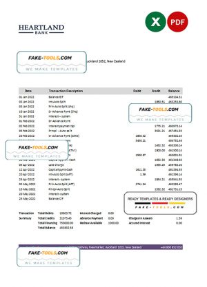 New Zealand Heartland bank statement Excel and PDF template