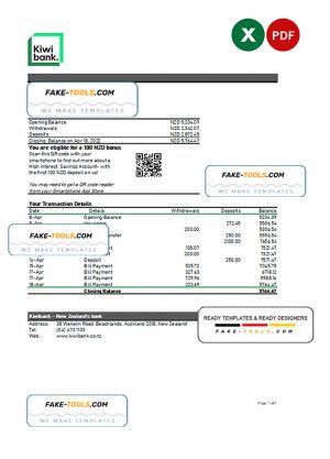 New Zealand Kiwibank bank statement Excel and PDF template