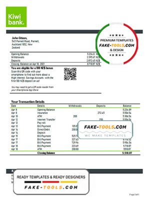 New Zealand Kiwibank bank statement template in Word and PDF format New Zealand Kiwibank bank statement template in Word and PDF format