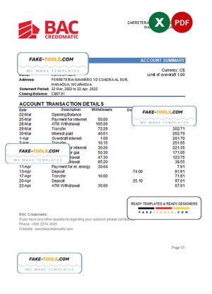 Nicaragua BAC Credomatic bank statement Excel and PDF template Nicaragua BAC Credomatic bank statement Excel and PDF template