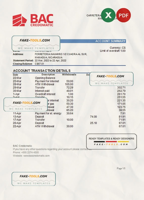 Nicaragua BAC Credomatic bank statement Excel and PDF template Nicaragua BAC Credomatic bank statement Excel and PDF template