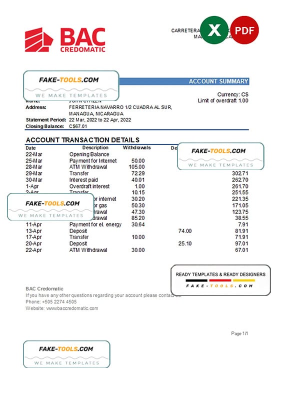 Nicaragua BAC Credomatic bank statement Excel and PDF template Nicaragua BAC Credomatic bank statement Excel and PDF template