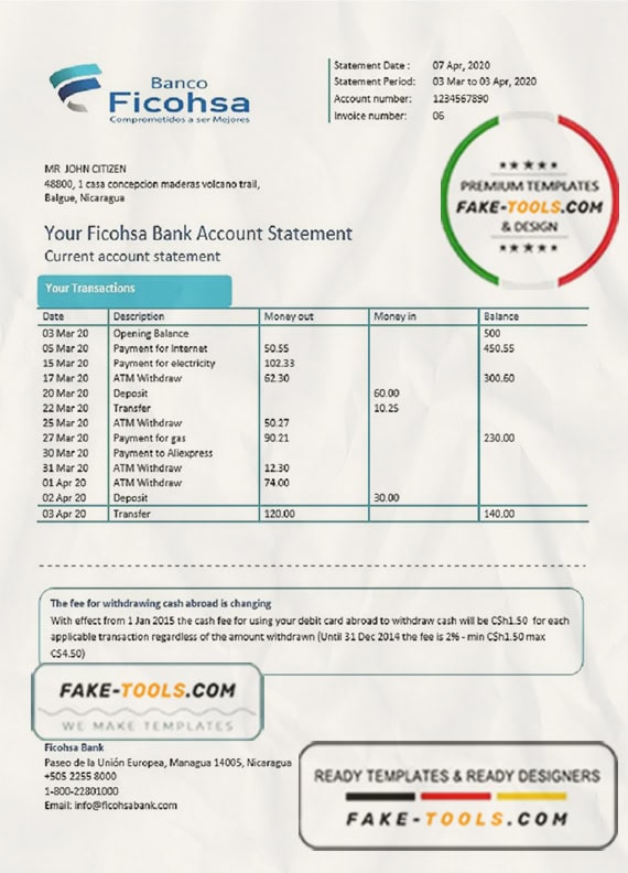 Nicaragua Banco Ficohsa bank proof of address statement template in Word and PDF format, .doc and .pdf format Nicaragua Banco Ficohsa bank proof of address statement template in Word and PDF format, .doc and .pdf format