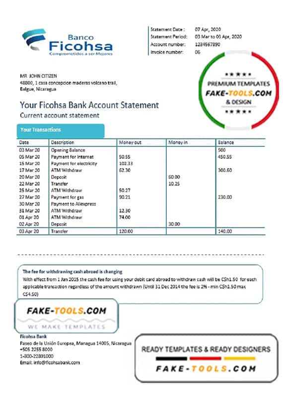 Nicaragua Banco Ficohsa bank proof of address statement template in Word and PDF format, .doc and .pdf format Nicaragua Banco Ficohsa bank proof of address statement template in Word and PDF format, .doc and .pdf format
