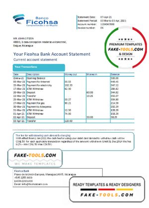 Nicaragua Banco Ficohsa bank statement easy to fill template in Excel and PDF format Nicaragua Banco Ficohsa bank statement easy to fill template in Excel and PDF format