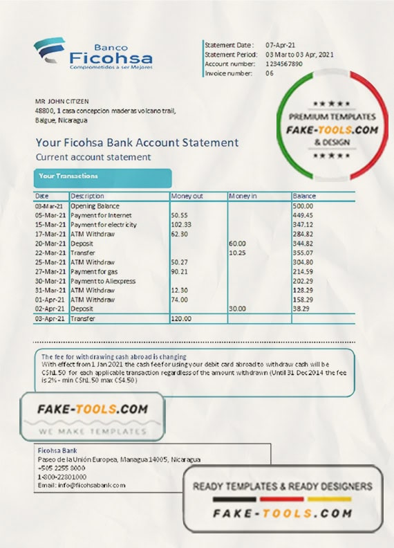 Nicaragua Banco Ficohsa bank statement easy to fill template in Excel and PDF format Nicaragua Banco Ficohsa bank statement easy to fill template in Excel and PDF format