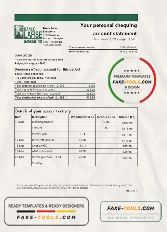 Nicaragua Banco Lafise Bancentro bank statement template, Excel and PDF format (.xls and .pdf) Nicaragua Banco Lafise Bancentro bank statement template, Excel and PDF format (.xls and .pdf)