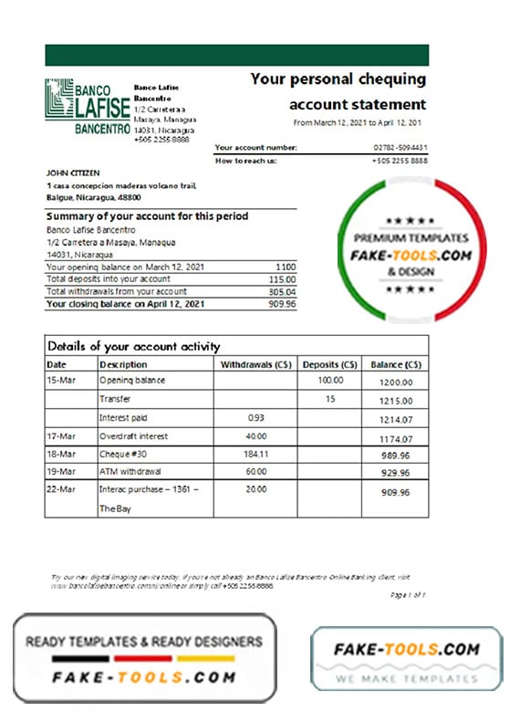 Nicaragua Banco Lafise Bancentro bank statement template, Excel and PDF format (.xls and .pdf) Nicaragua Banco Lafise Bancentro bank statement template, Excel and PDF format (.xls and .pdf)