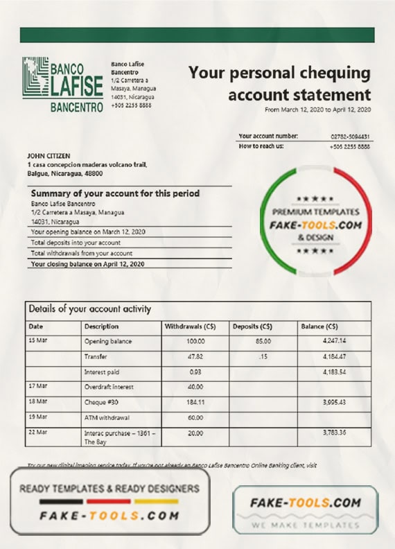 Nicaragua Banco Lafise Bancentro bank statement template, Word and PDF format (.doc and .pdf) Nicaragua Banco Lafise Bancentro bank statement template, Word and PDF format (.doc and .pdf)