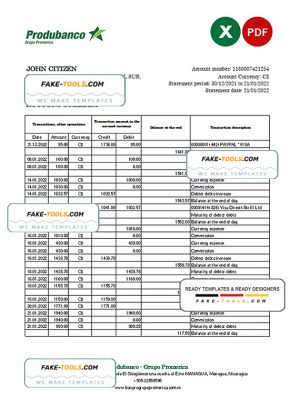 Nicaragua Banco de la Producción bank statement Excel and PDF template