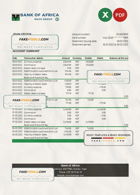 Niger Bank of Africa bank statement Excel and PDF template Niger Bank of Africa bank statement Excel and PDF template