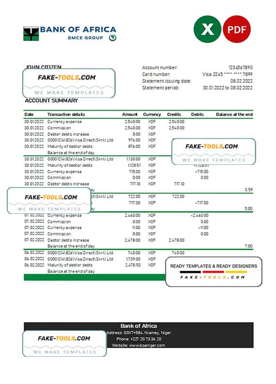Niger Bank of Africa bank statement Excel and PDF template Niger Bank of Africa bank statement Excel and PDF template