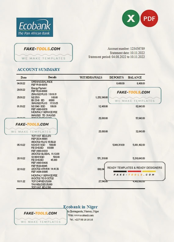 Niger Ecobank bank statement Excel and PDF template Niger Ecobank bank statement Excel and PDF template