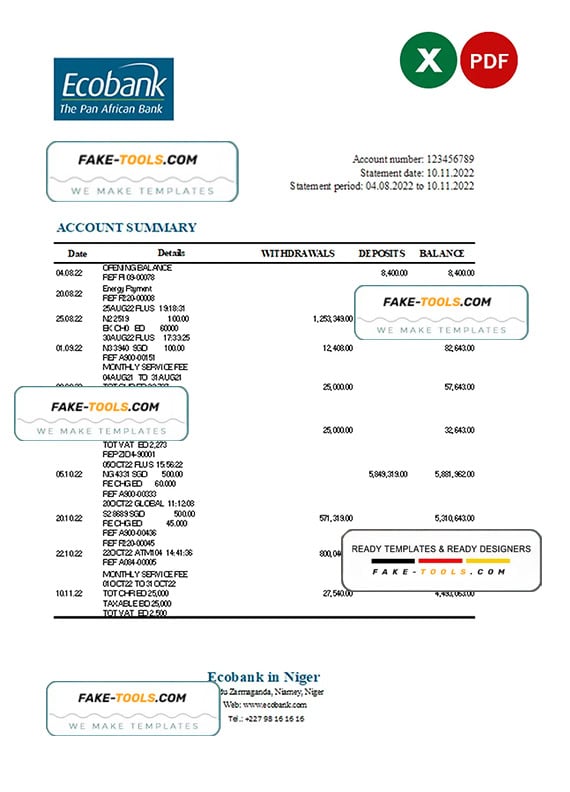 Niger Ecobank bank statement Excel and PDF template Niger Ecobank bank statement Excel and PDF template
