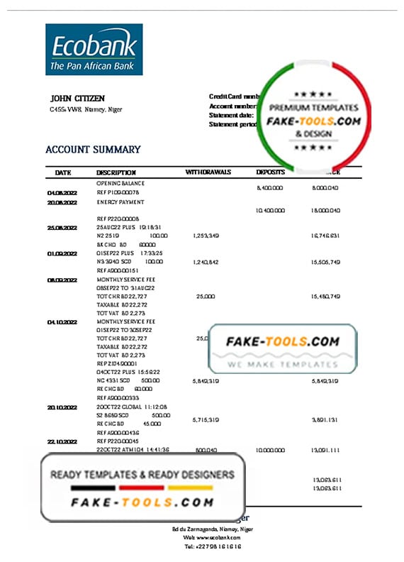 Niger Ecobank bank statement template, Word and PDF format (.doc and .pdf) Niger Ecobank bank statement template, Word and PDF format (.doc and .pdf)