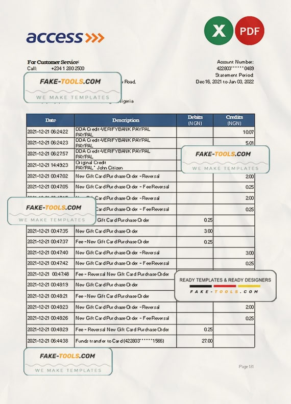 Nigeria Access bank statement Excel and PDF template Nigeria Access bank statement Excel and PDF template