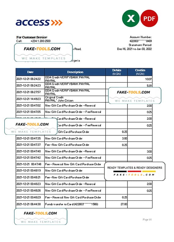 Nigeria Access bank statement Excel and PDF template Nigeria Access bank statement Excel and PDF template