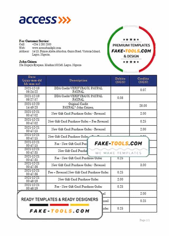 Nigeria Access bank statement template, Word and PDF format (.doc and .pdf) Nigeria Access bank statement template, Word and PDF format (.doc and .pdf)