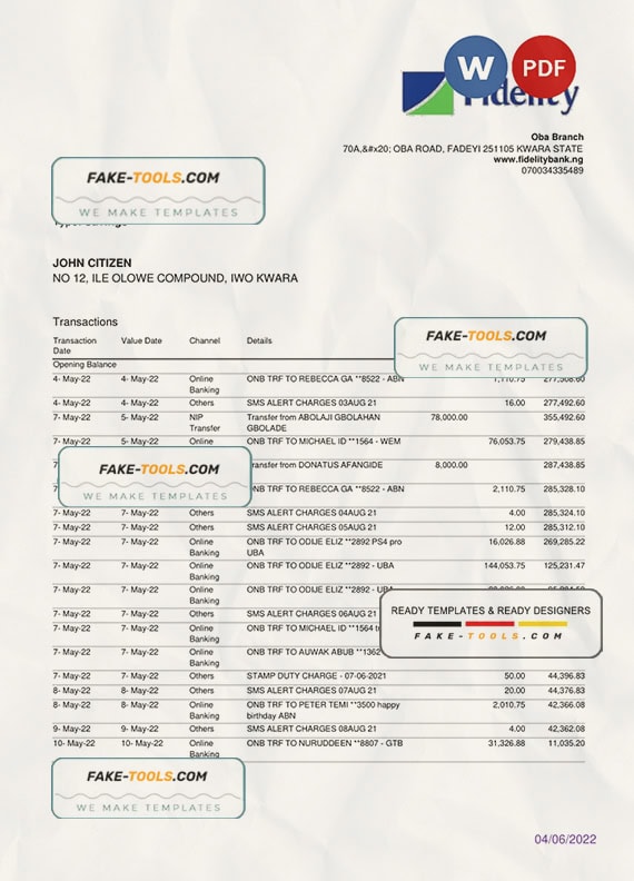 Nigeria Fidelity bank statement, Word and PDF template Nigeria Fidelity bank statement, Word and PDF template