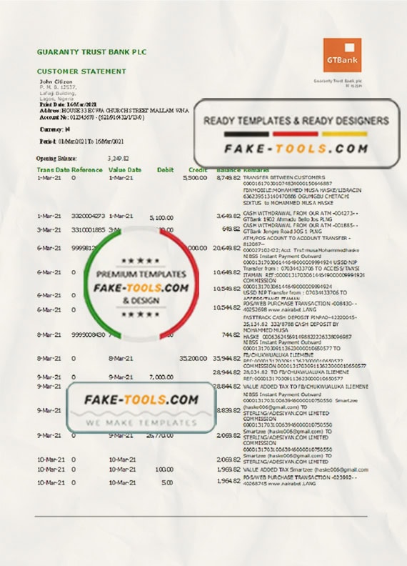 Nigeria GTBank proof of address bank statement template in Word and PDF format Nigeria GTBank proof of address bank statement template in Word and PDF format