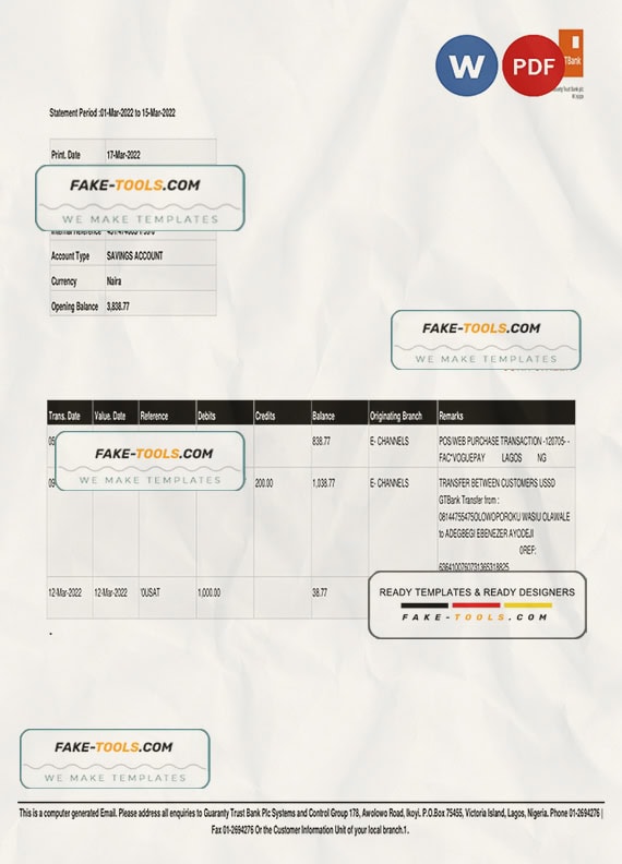 Nigeria Guaranty Trust Bank (GTBank) savings account statement Word and PDF template Nigeria Guaranty Trust Bank (GTBank) savings account statement Word and PDF template