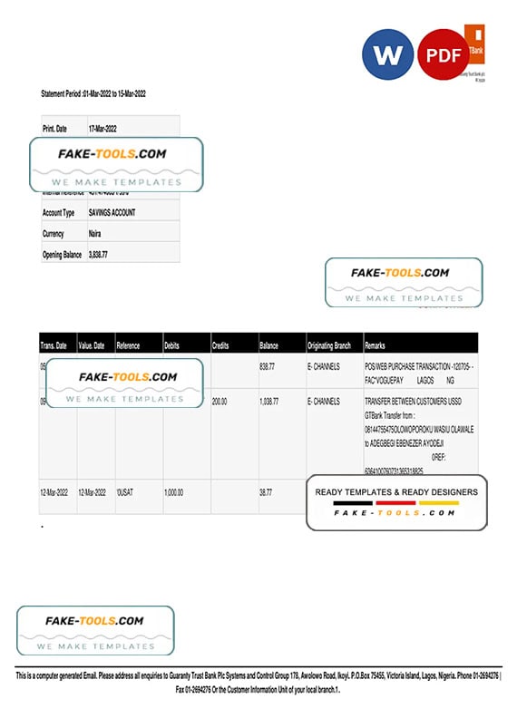 Nigeria Guaranty Trust Bank (GTBank) savings account statement Word and PDF template Nigeria Guaranty Trust Bank (GTBank) savings account statement Word and PDF template