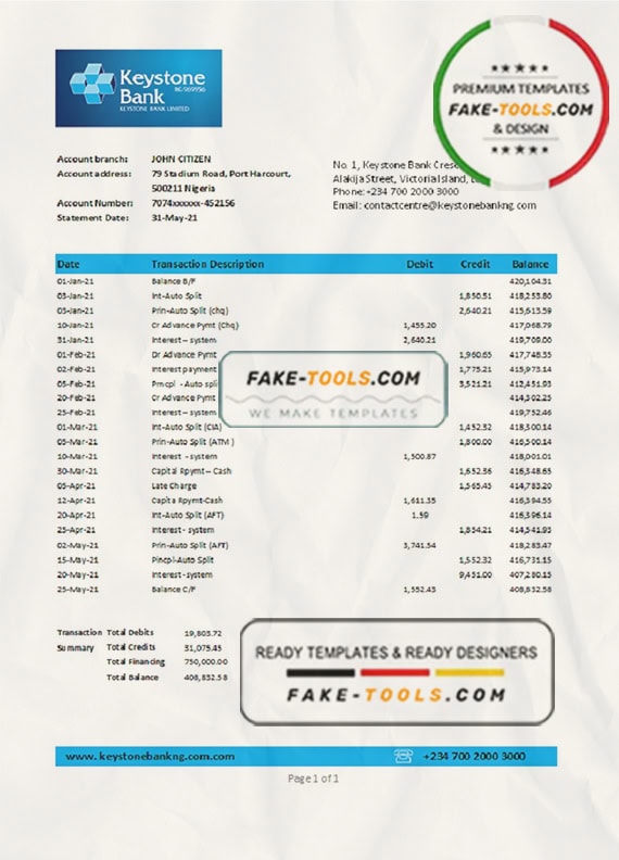Nigeria Keystone Bank statement easy to fill template in .xls and .pdf file format Nigeria Keystone Bank statement easy to fill template in .xls and .pdf file format