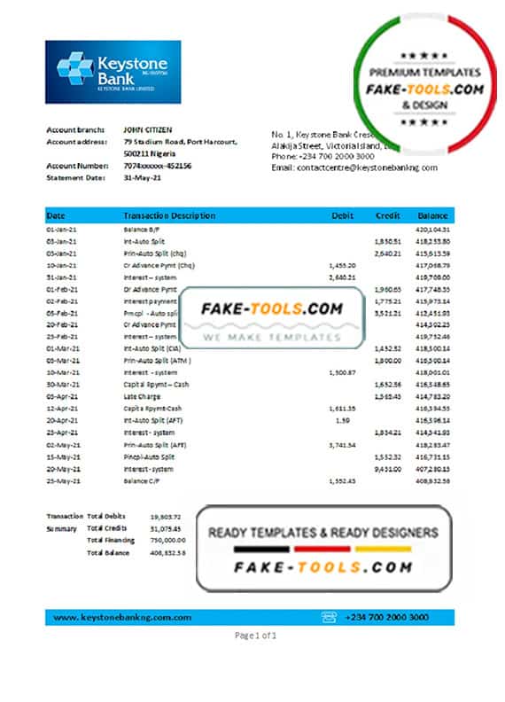 Nigeria Keystone Bank statement easy to fill template in .xls and .pdf file format Nigeria Keystone Bank statement easy to fill template in .xls and .pdf file format
