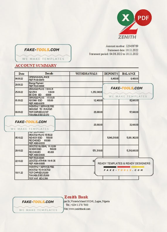 Nigeria Zenith Bank statement Excel and PDF template Nigeria Zenith Bank statement Excel and PDF template