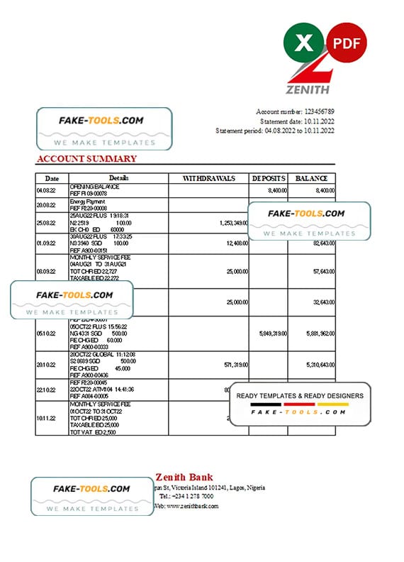 Nigeria Zenith Bank statement Excel and PDF template Nigeria Zenith Bank statement Excel and PDF template
